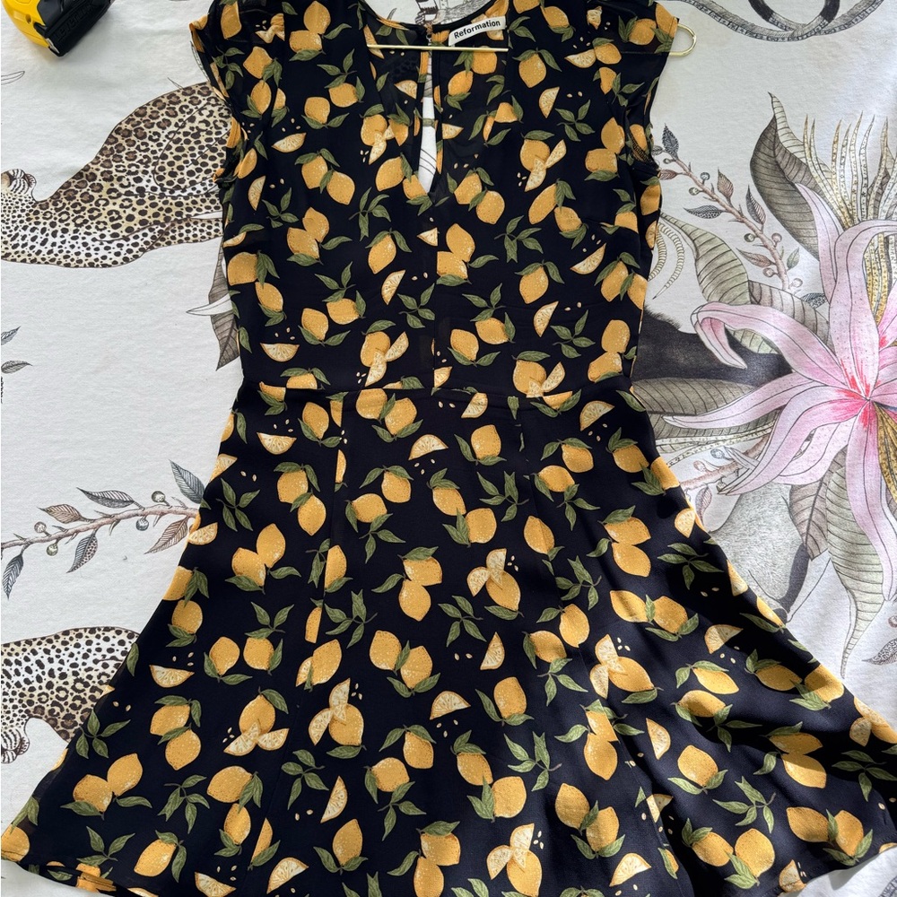 Reformation Black Dress with Lemon Print